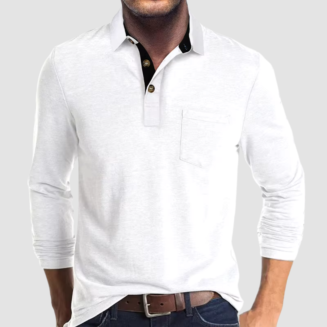 Polo de Manga Larga de Hombre Momount – Cuello en Contraste con Bolsillo Classic Fit