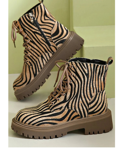 Women's Animal Print Ankle Boots – Lace-Up Side Zip Chunky Sole