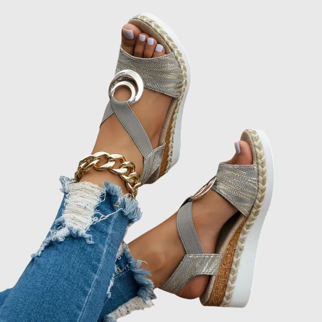 Sandalias de Cuña de Mujer – Espadrilles Rosa Empolvado Tiras Metalizadas