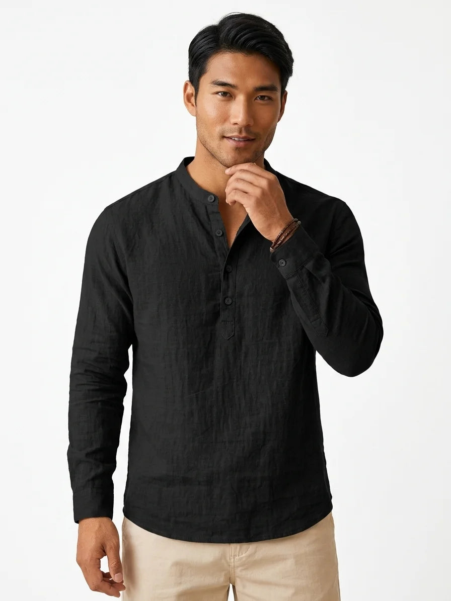 Momount Men Linen Henley Shirt – Long Sleeve Band Collar Breathable Casual - Black - front