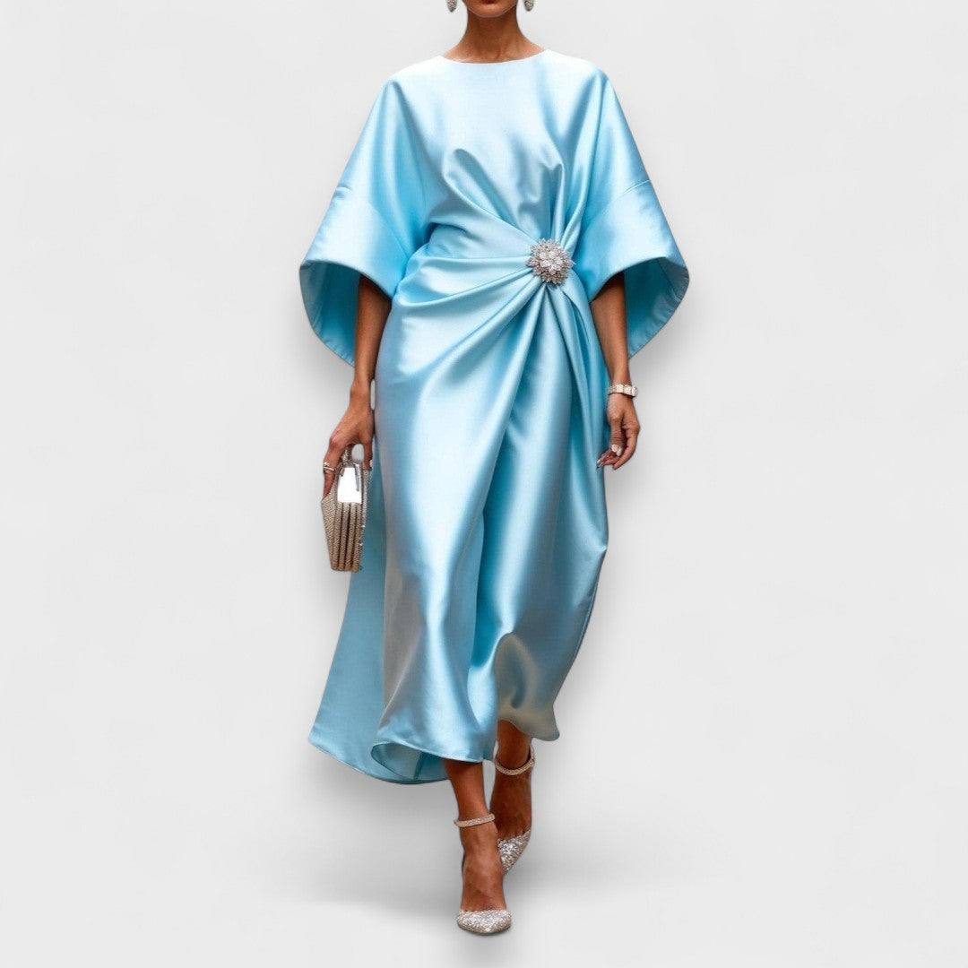 Pearl Satin Gown | Draped Ivory, Jewel Accent, Wide Sleeve