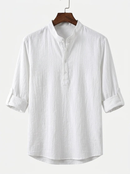 Momount Men Waffle Linen Shirt – Long Sleeve Band Collar Chest Pocket - White - hanger