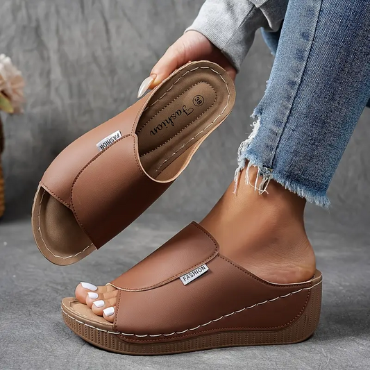 Momount Women Platform Wedge Sandals – Brown Leather Open-Toe Mule