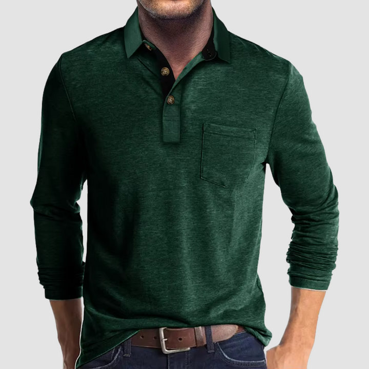 Polo de Manga Larga de Hombre Momount – Cuello en Contraste con Bolsillo Classic Fit