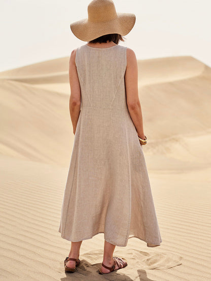 Melisande | Vestido Largo de Lino con Cuello Redondo – Vaporoso y Elegante