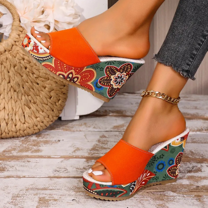Sandalias de Cuña de Mujer – Ante Estampado Floral Plataforma Slide Boho