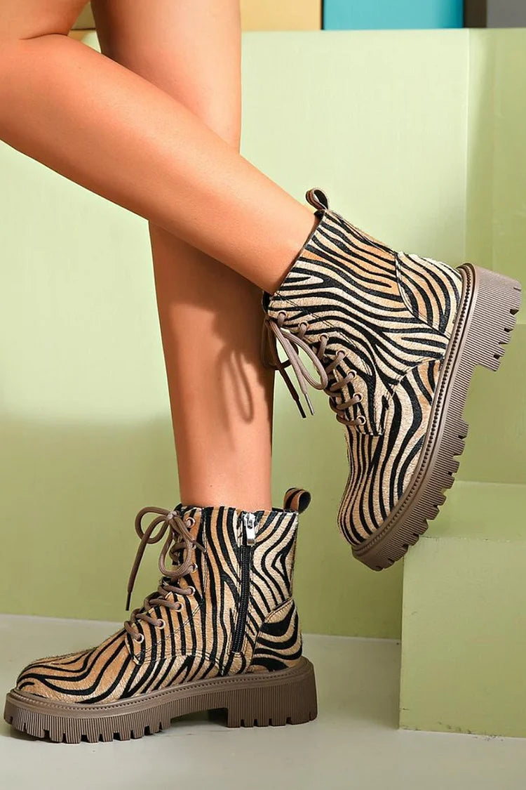 Women's Animal Print Ankle Boots – Lace-Up Side Zip Chunky Sole