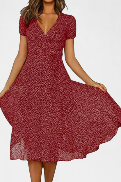 Nuria A-Line Midi Dress | V-Neck, Dynamic Hem, Everyday