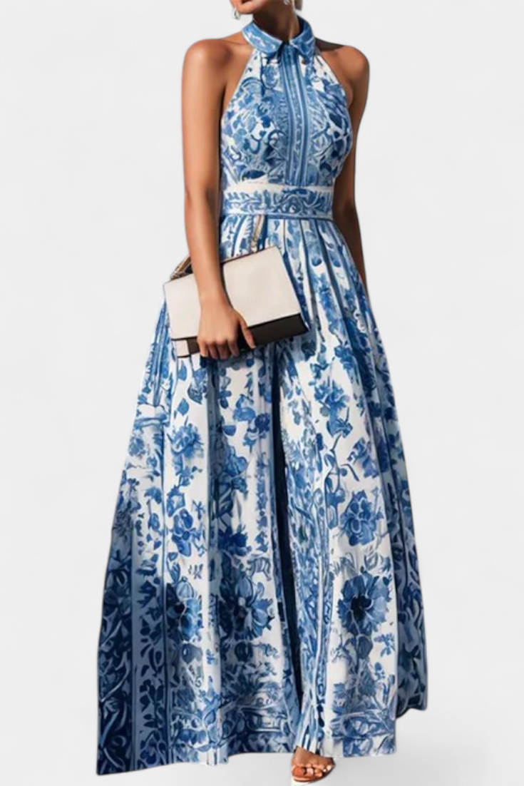Persephone | Vestido Largo Halter con Estampado Elegante