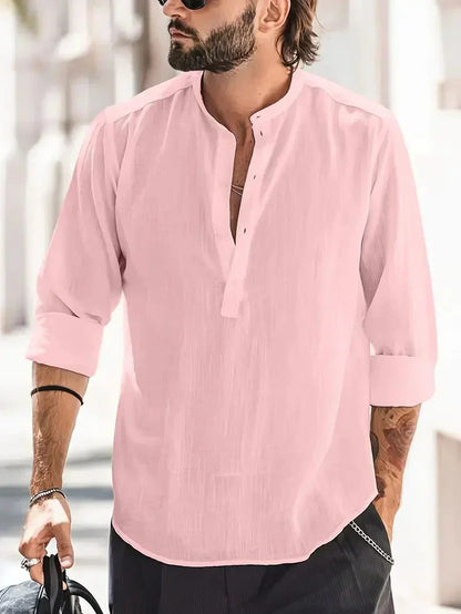 Camisa Henley de Lino de Hombre Momount – Manga Larga y Cuello Mao