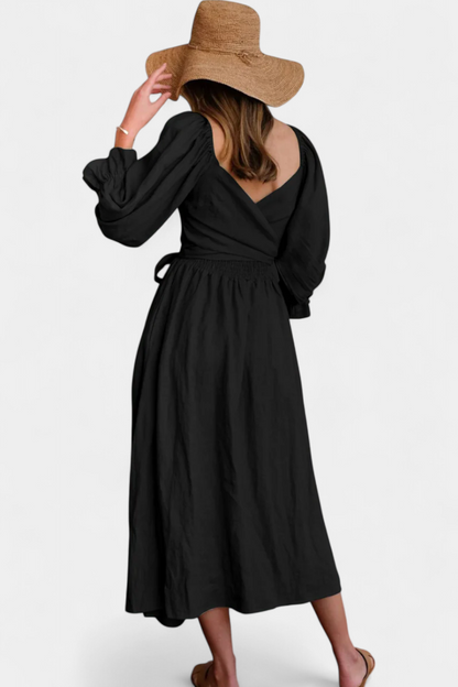 Marcellina | Vestido Midi Boho con Escote en V, Fruncido y Mangas Abullonadas