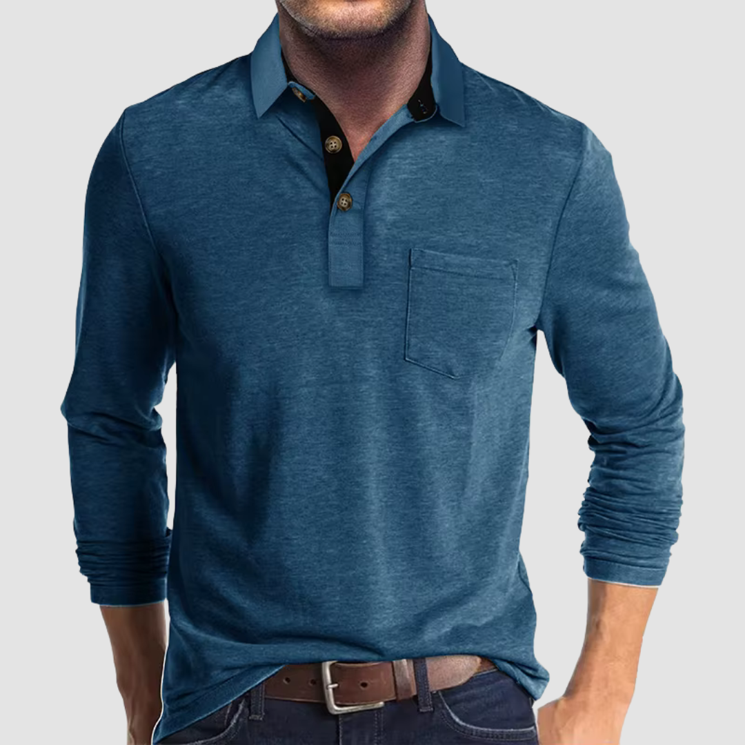 Polo de Manga Larga de Hombre Momount – Cuello en Contraste con Bolsillo Classic Fit