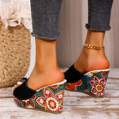 Sandalias de Cuña de Mujer – Ante Estampado Floral Plataforma Slide Boho