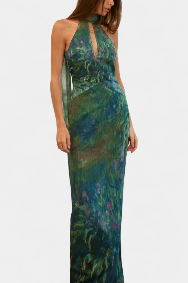 Monet Chiffon Dress | Impressionist Print, High Neck