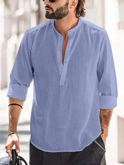 Camisa Henley de Lino de Hombre Momount – Manga Larga y Cuello Mao