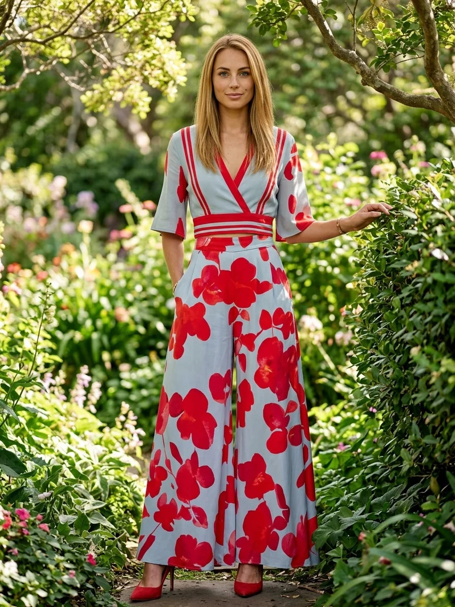 Elena Floral Wrap Maxi Dress | V-Neck, Summer Elegance - Blue & Red - lifestyle_garden