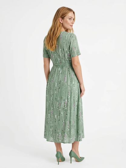Poppy Summer Midi Dress | Flared Skirt, V-Neck, Printed - Green - back