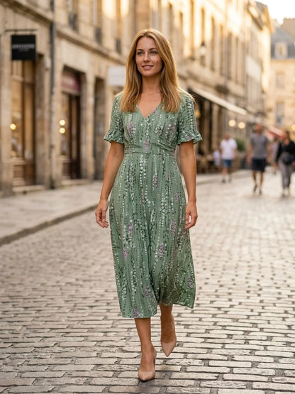 Poppy Summer Midi Dress | Flared Skirt, V-Neck, Printed - Green - lifestyle_street
