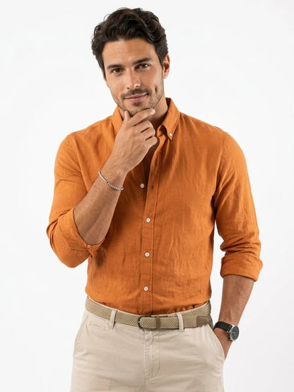 Momount Men Linen Shirt – Long Sleeve Turn Down Collar Summer Casual - Orange - front