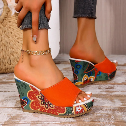 Sandalias de Cuña de Mujer – Ante Estampado Floral Plataforma Slide Boho