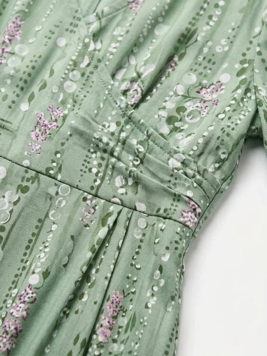 Poppy Summer Midi Dress | Flared Skirt, V-Neck, Printed - Green - detail