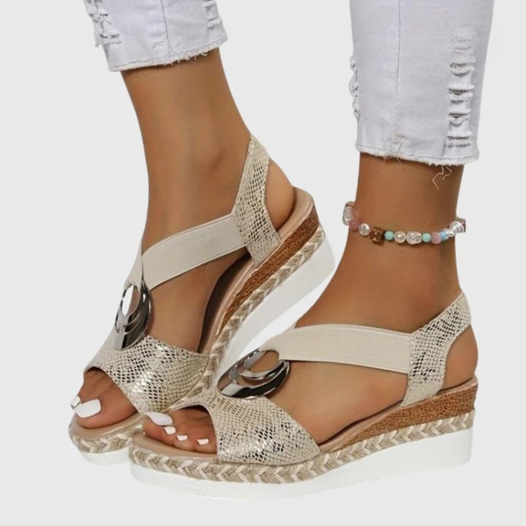 Sandalias de Cuña de Mujer – Espadrilles Rosa Empolvado Tiras Metalizadas
