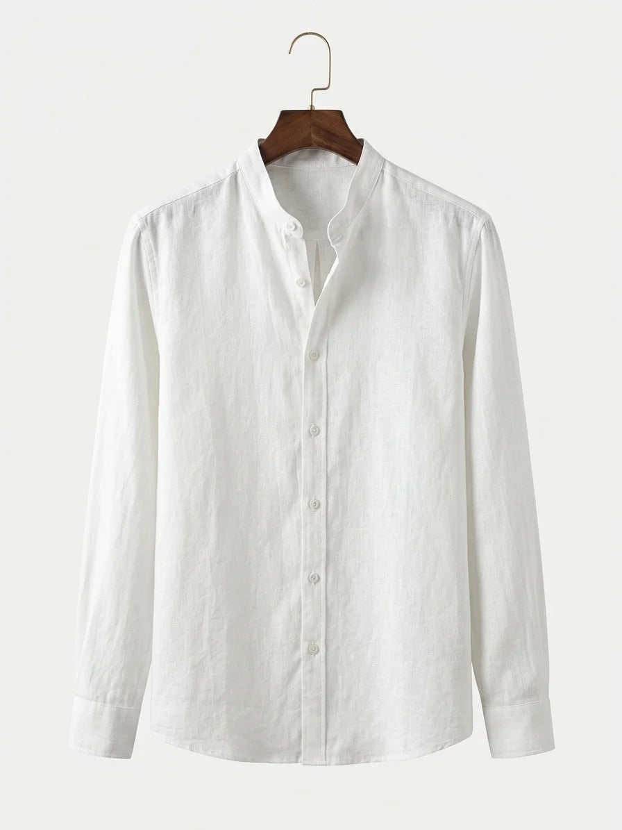 Momount Men Linen Shirt – Long Sleeve Slim Fit Button Up Casual - White - hanger