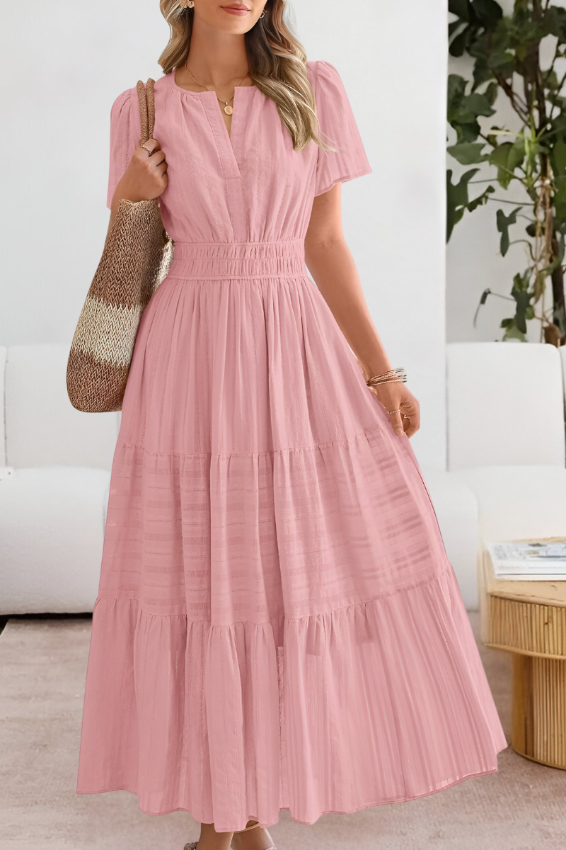 Vestido Midi Boho de Verano con Volantes – Escote en V y Cuerpo Smocked Elástico