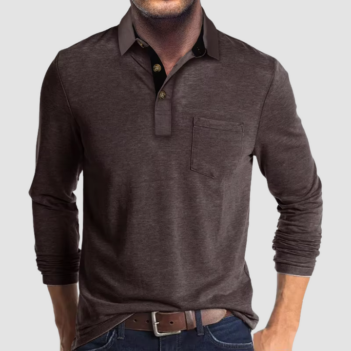 Polo de Manga Larga de Hombre Momount – Cuello en Contraste con Bolsillo Classic Fit
