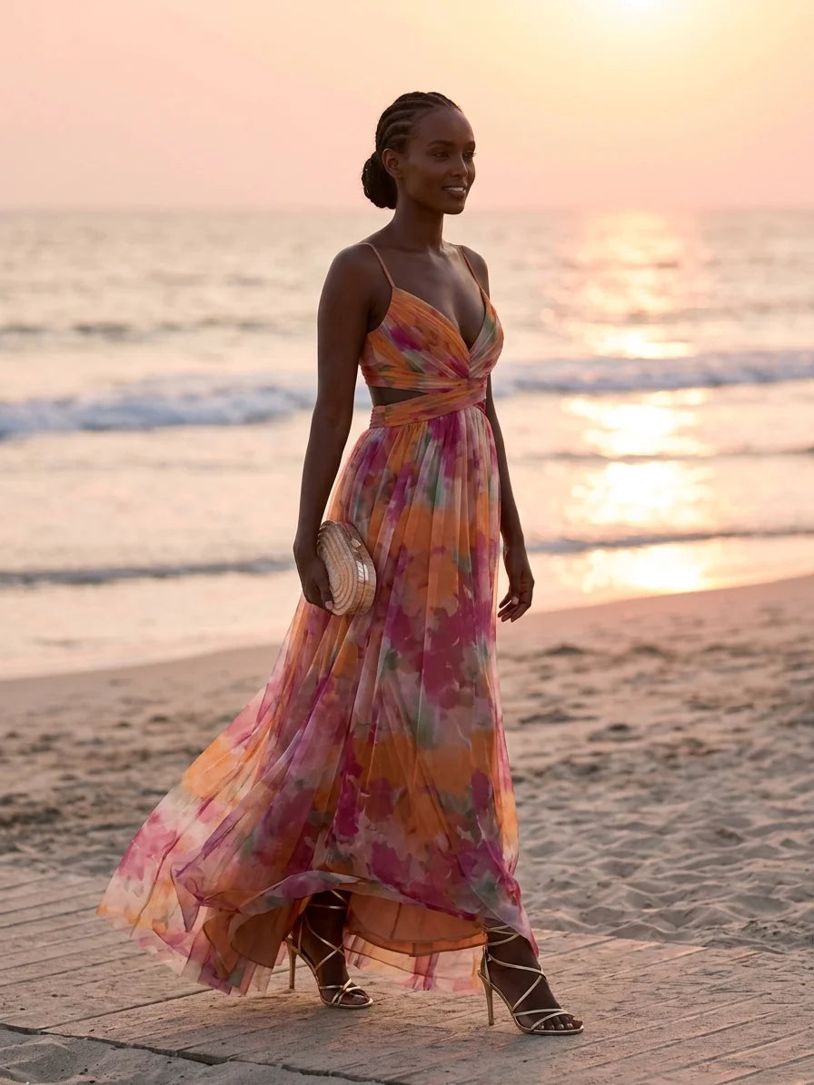 Aria Fitted Bodice Maxi Dress | V-Neck, Pleated Skirt - Orange - lifestyle_beach