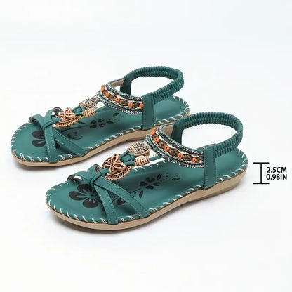 Sandalias Slingback de Mujer – Planas Boho Verde Azulado con Cuentas y Strass