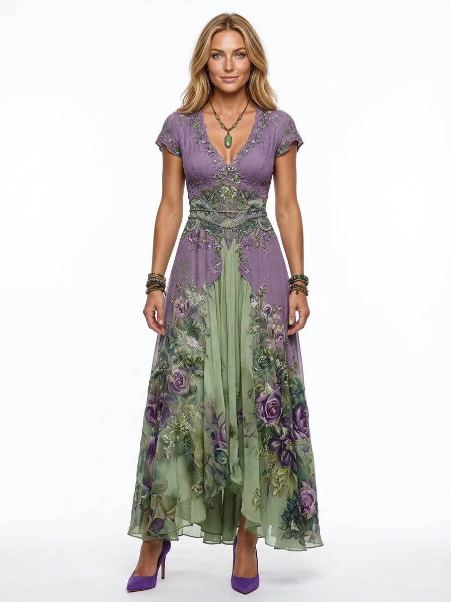 Aurora Gradient Maxi Dress | Mixed Print, V-Neck - Beige - front