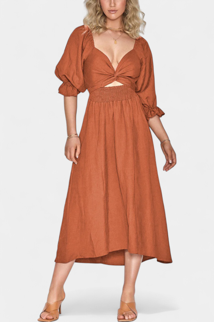 Marcellina | Vestido Midi Boho con Escote en V, Fruncido y Mangas Abullonadas