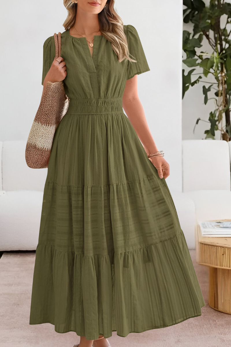 Vestido Midi Boho de Verano con Volantes – Escote en V y Cuerpo Smocked Elástico