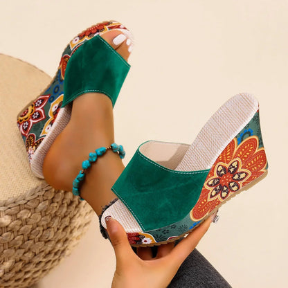 Sandalias de Cuña de Mujer – Ante Estampado Floral Plataforma Slide Boho