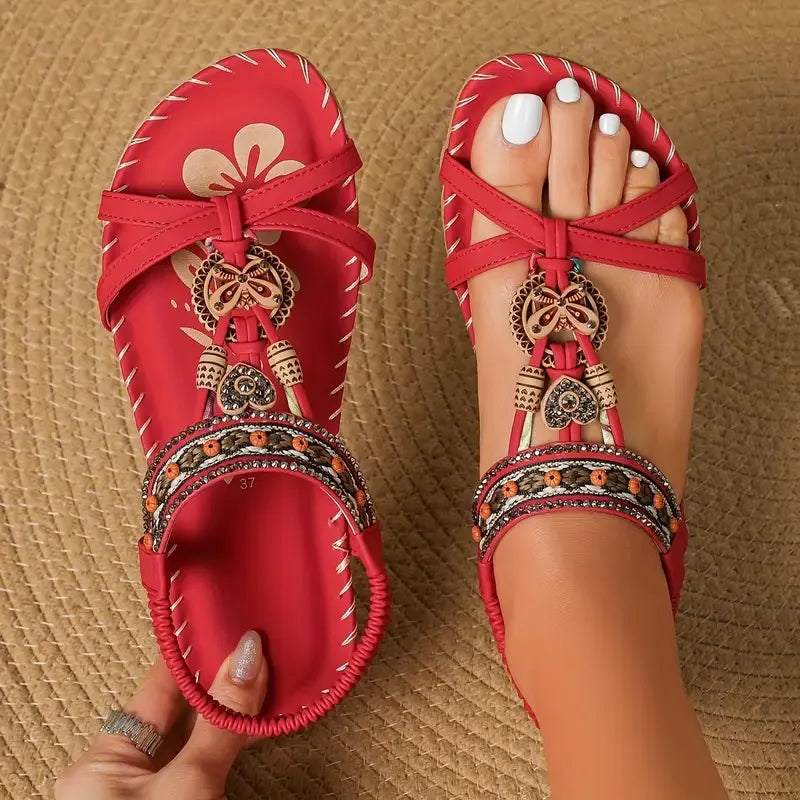 Sandalias Slingback de Mujer – Planas Boho Verde Azulado con Cuentas y Strass