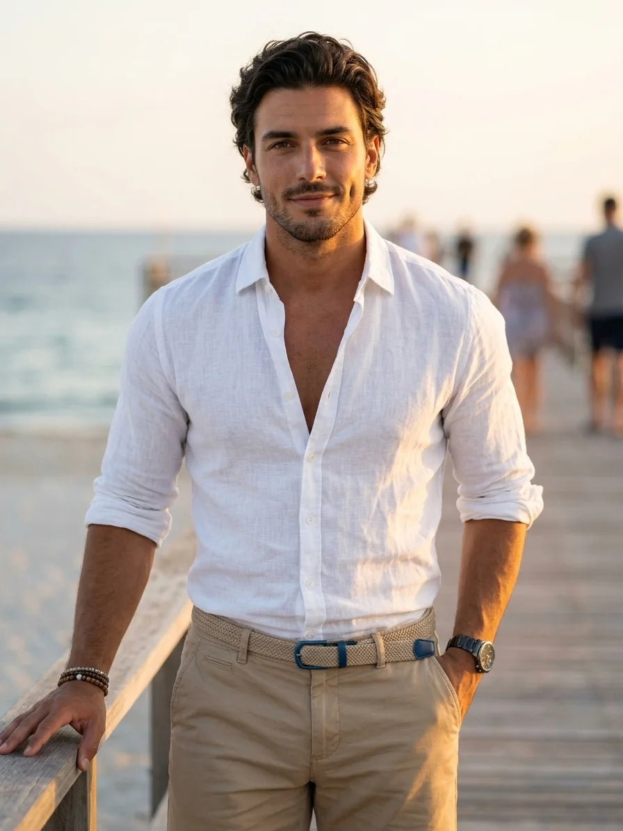 Momount Men Linen Shirt – Long Sleeve Turn Down Collar Summer Casual - White - lifestyle_beach