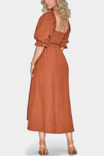 Marcellina | Vestido Midi Boho con Escote en V, Fruncido y Mangas Abullonadas