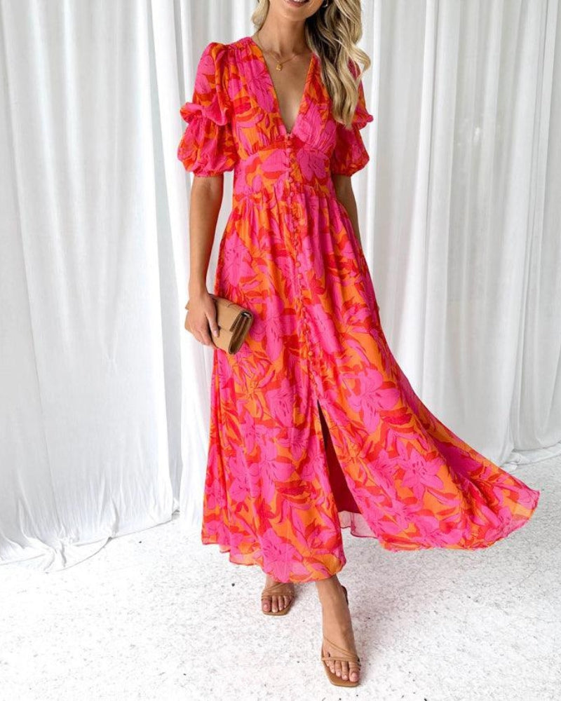 Vestido Largo (Maxi) de Manga Abullonada – Estampado y Escote en V con Caída Fluida