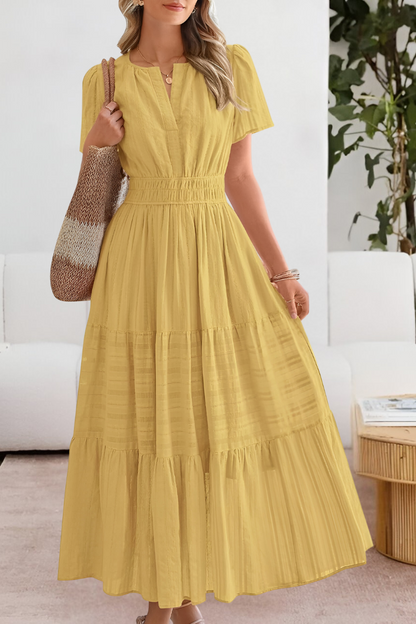 Vestido Midi Boho de Verano con Volantes – Escote en V y Cuerpo Smocked Elástico