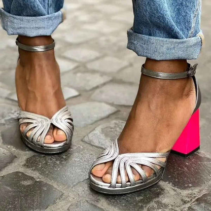 Sandalias de Tacón Ancho de Mujer – Tira Tobillo Estilo Jaula Punta Abierta