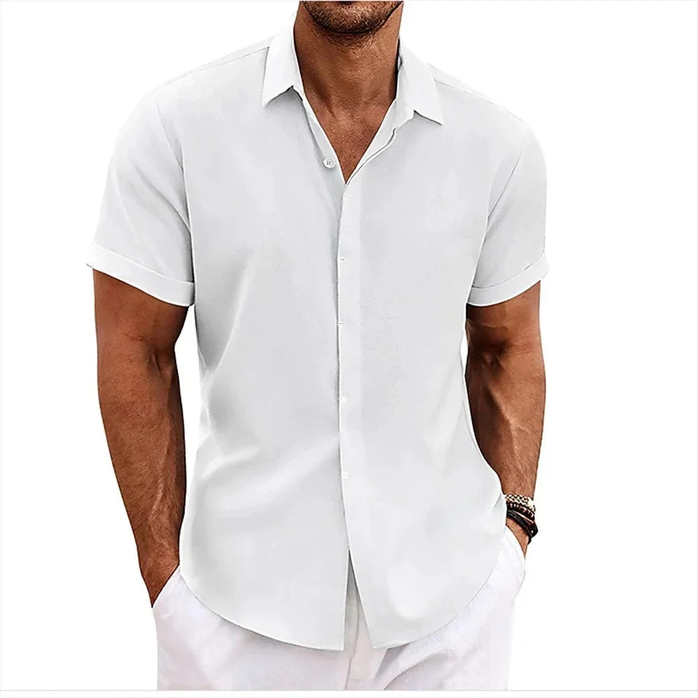 Camisa de Algodón y Lino de Hombre Momount – Manga Corta con Botones Casual