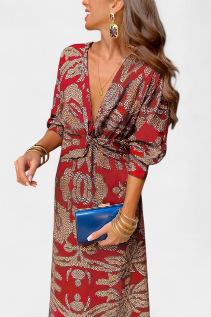 Elara V-Neck Knot Dress | Sculpted Waist, Fluid Drape