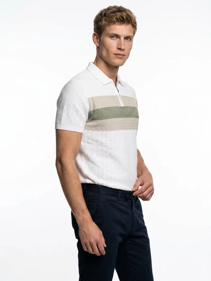 Momount Men Half Zip Polo Shirt – Knit Contrast Stripe Short Sleeve - White - 3/4