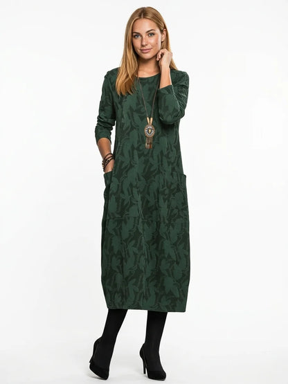 Wren Winter Midi Dress | Long Sleeve, Pockets, Printed - Green - 3/4