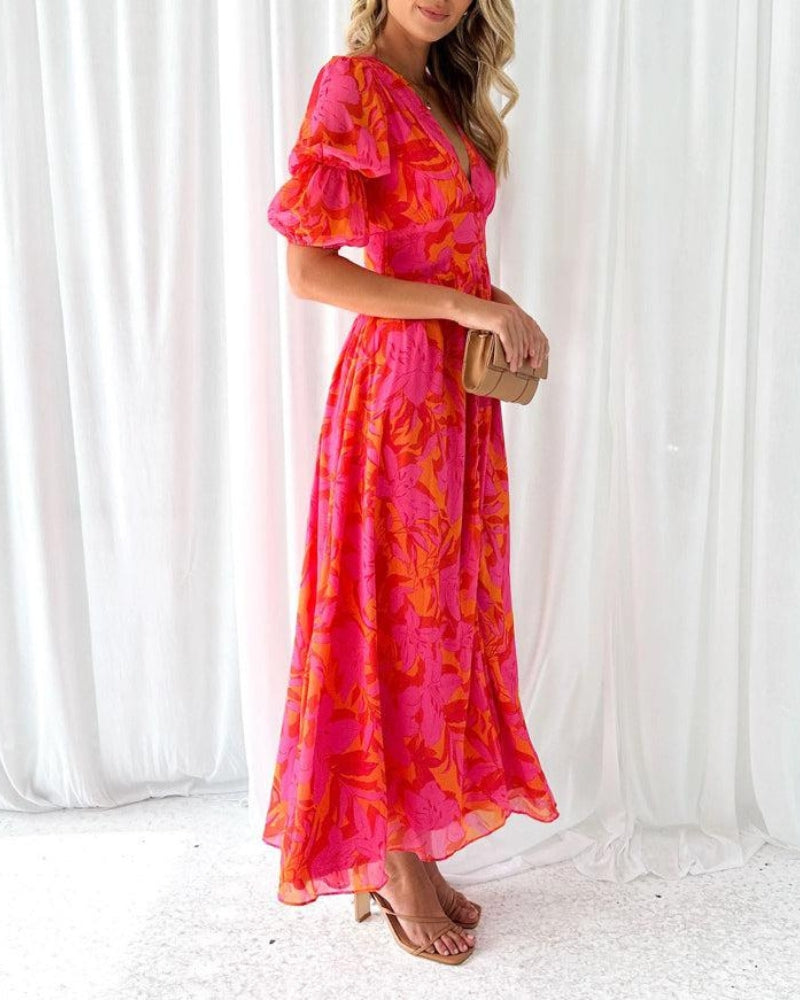 Vestido Largo (Maxi) de Manga Abullonada – Estampado y Escote en V con Caída Fluida