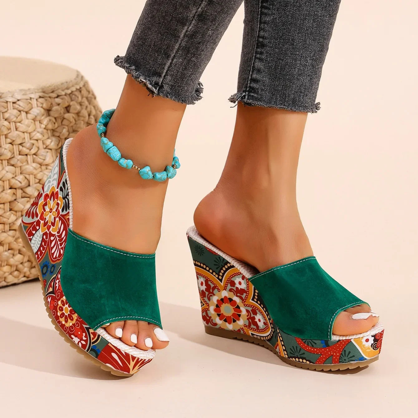 Sandalias de Cuña de Mujer – Ante Estampado Floral Plataforma Slide Boho