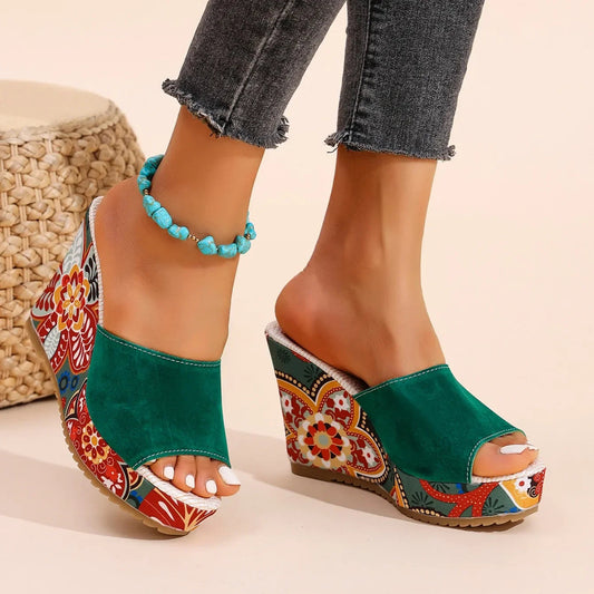 Momount Women Wedge Sandals – Suede Floral Print Platform Slide Boho