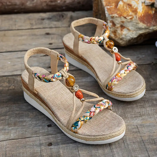 Momount Women Espadrille Wedge Sandals – Boho Braided Beaded Rhinestone