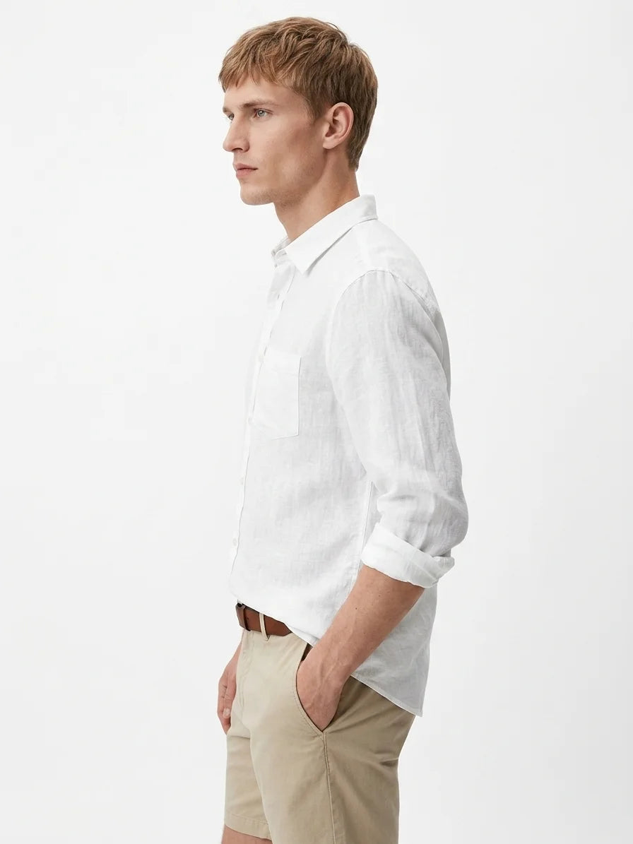 Momount Men Linen Shirt – Long Sleeve Button Up Relaxed Fit Beach - White - side
